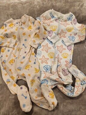 Dip Footed One-Piece Sleepers in White and Beige with Sea Life Print, S 12-18M